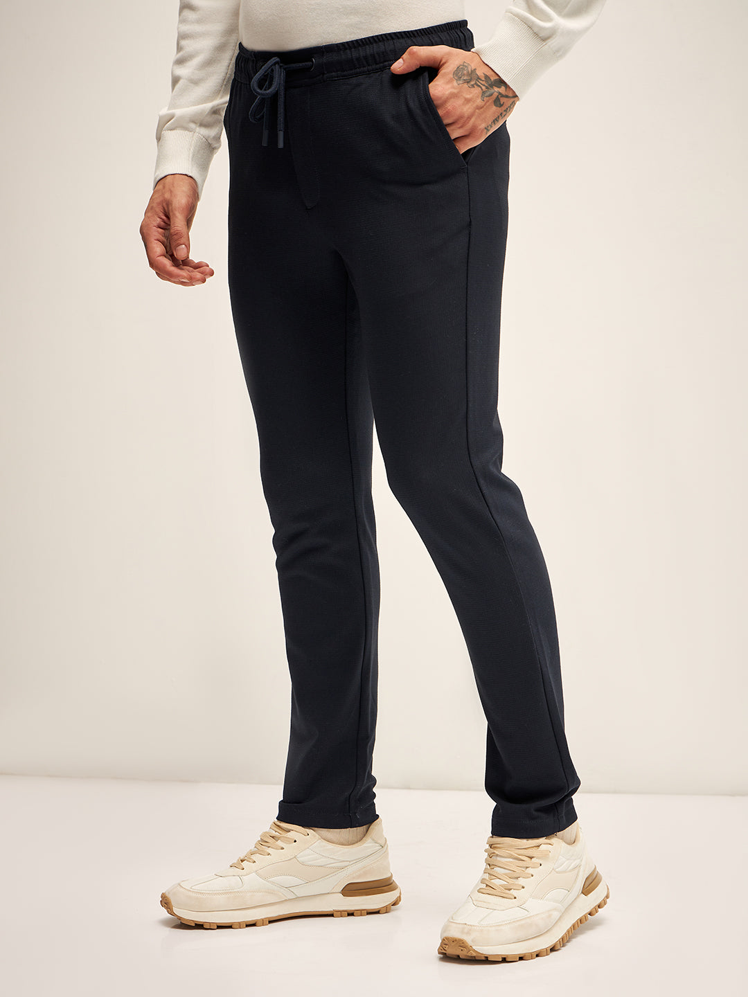 Men Dark Blue Solid 4 Way Stretch Semi-Formal Trouser