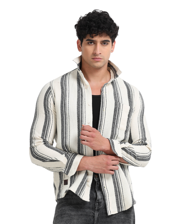 Men Striped Long Sleeve Hooded Casual Shirt