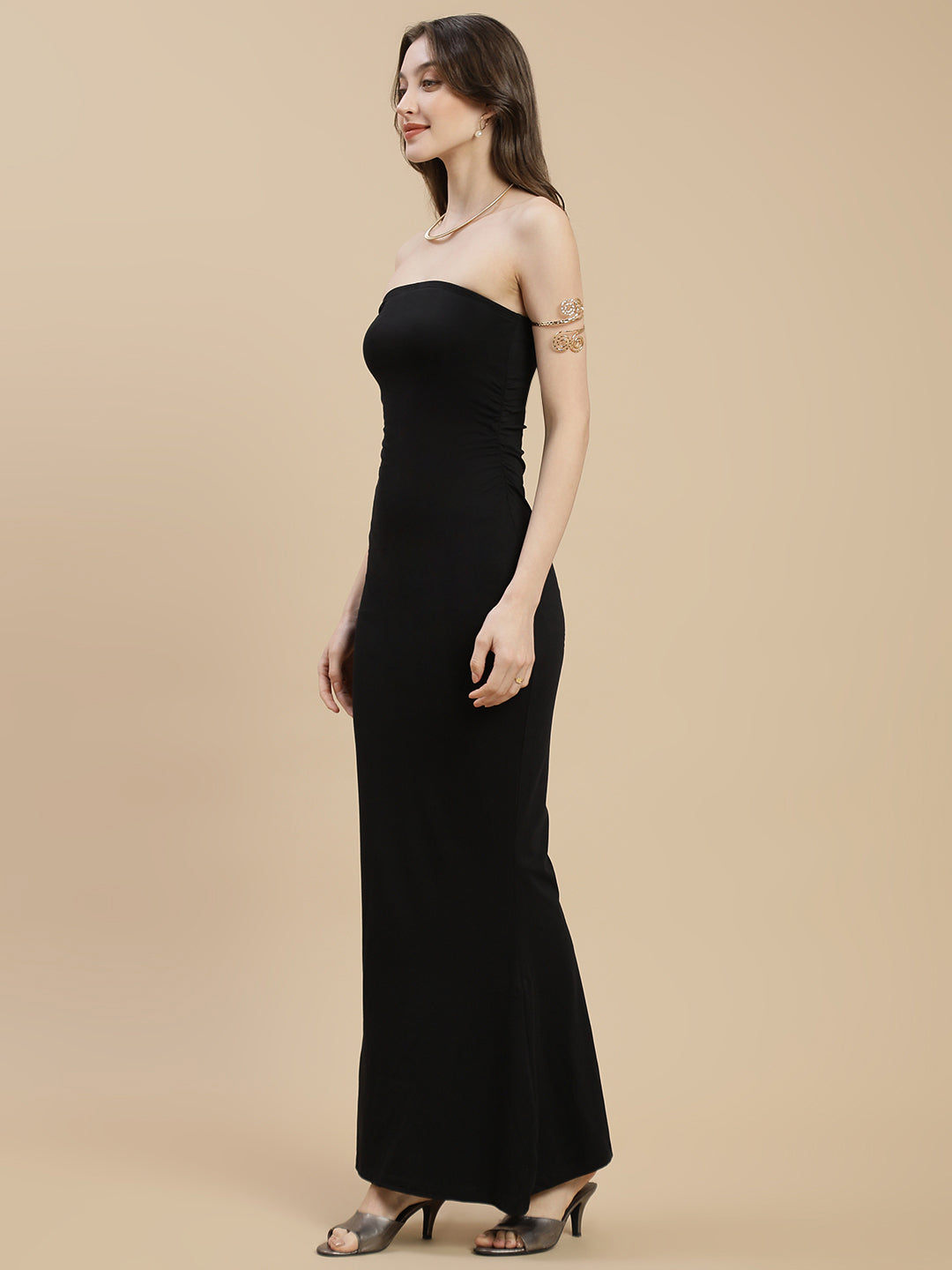 Women Black Ruched Side Slit Tube Dress