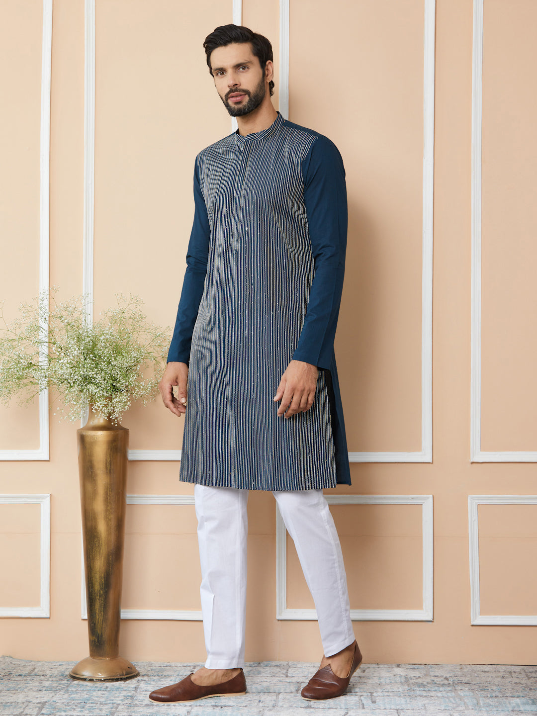 Men Dark Blue Thread & Sequin Worked Pure Cotton Straight Kurta