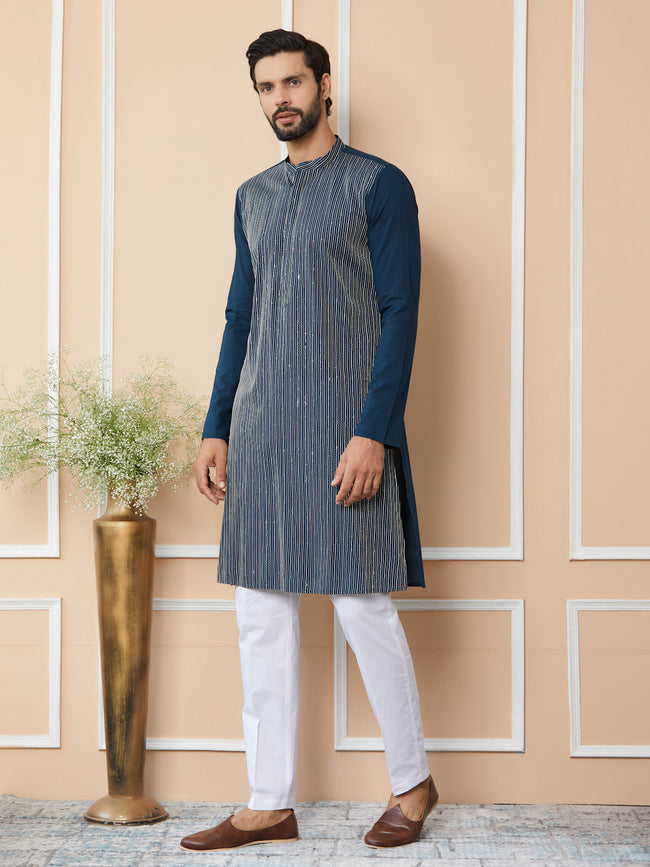 Men Dark Blue Thread & Sequin Worked Pure Cotton Straight Kurta
