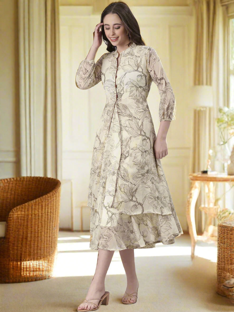 Women Cream Floral Tiered Midi Dress
