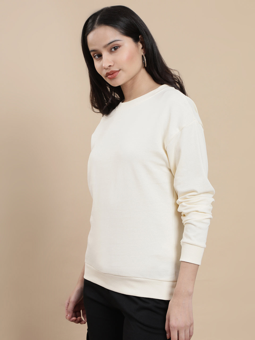 Women Cream Casual Sweatshirt