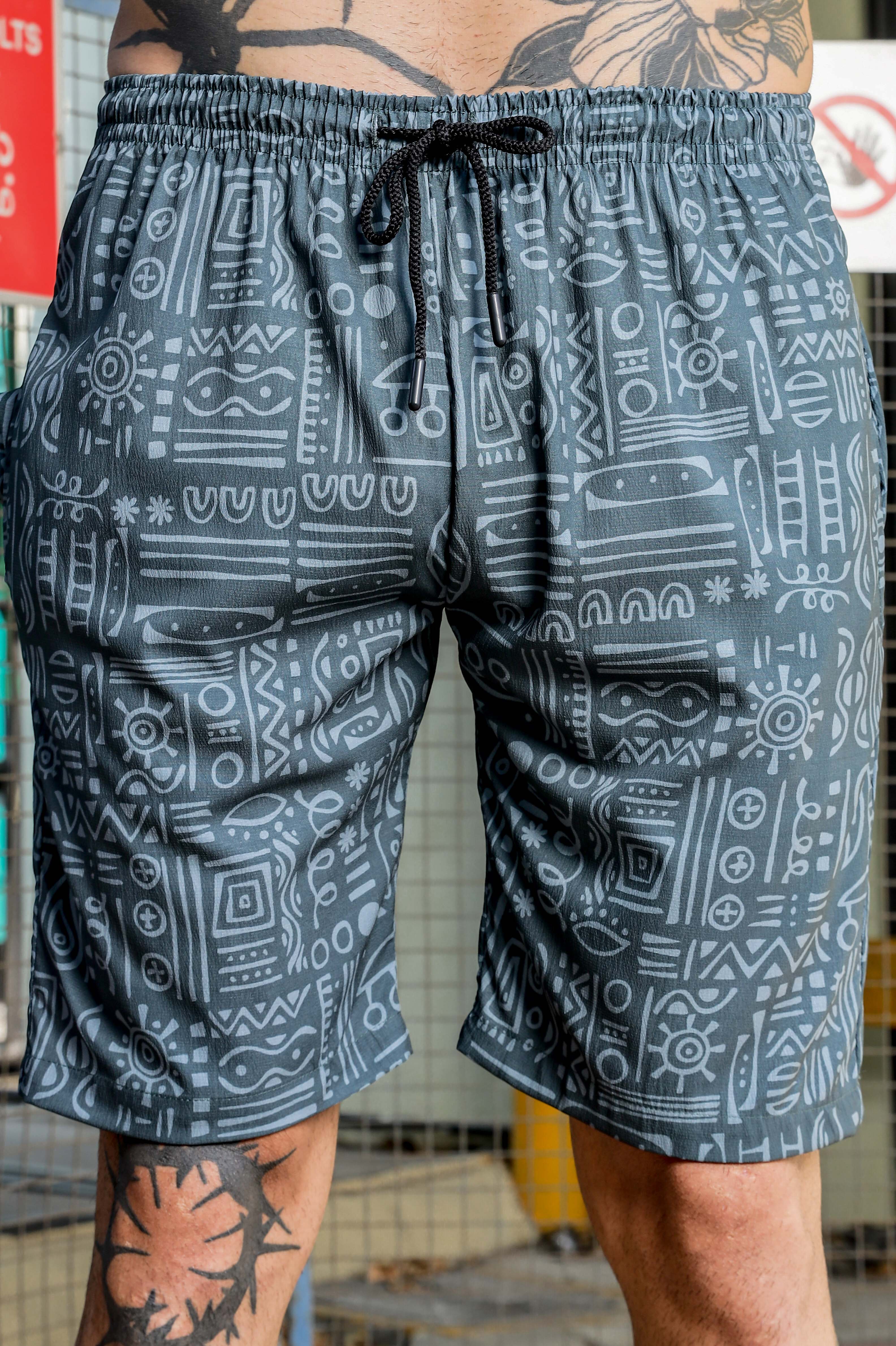 Men Grey Tribal Print Shorts