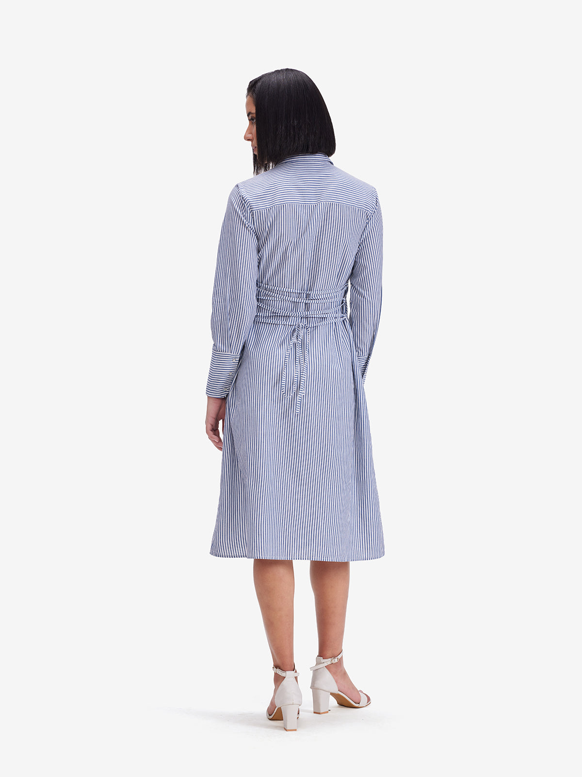 Women Blue Striped Tie-Back Shirt Dress