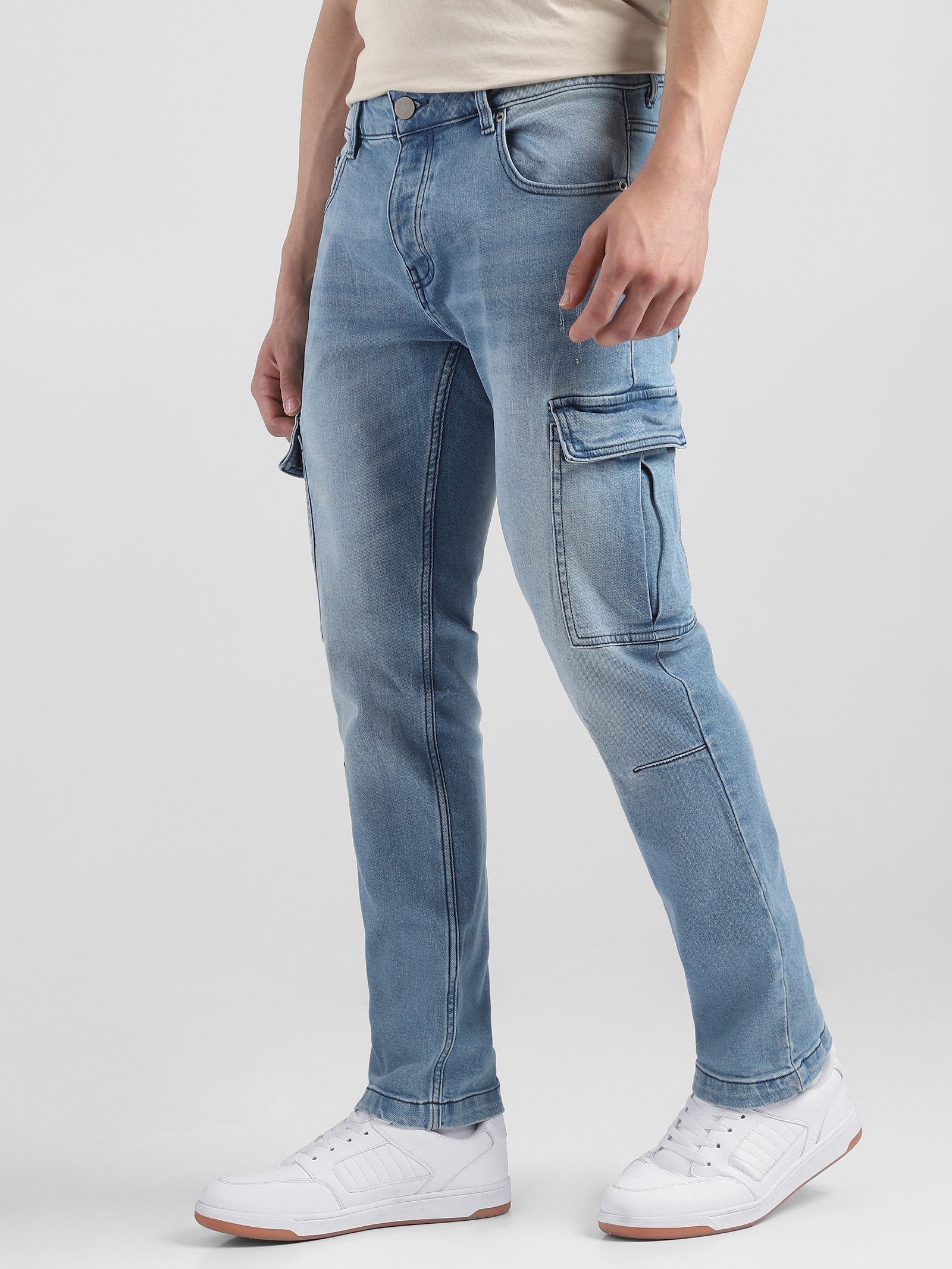 Men Blue Denim Mid Rise Cargo Pants
