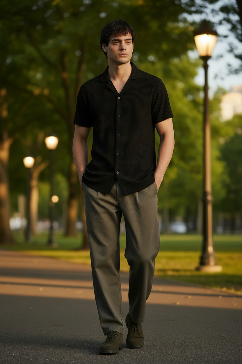 Men Textured Casual Black Shirt