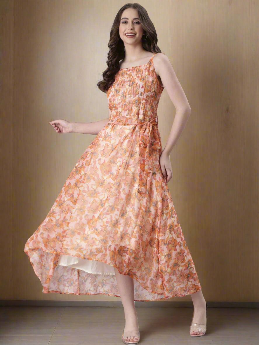 Women Peach Floral Print Tiered Dress