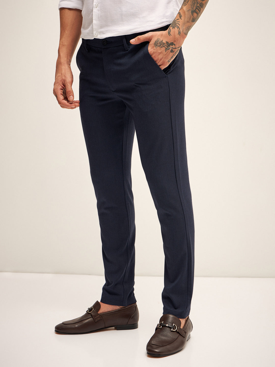 Men Navy Solid 4 Way Stretch Formal Trouser