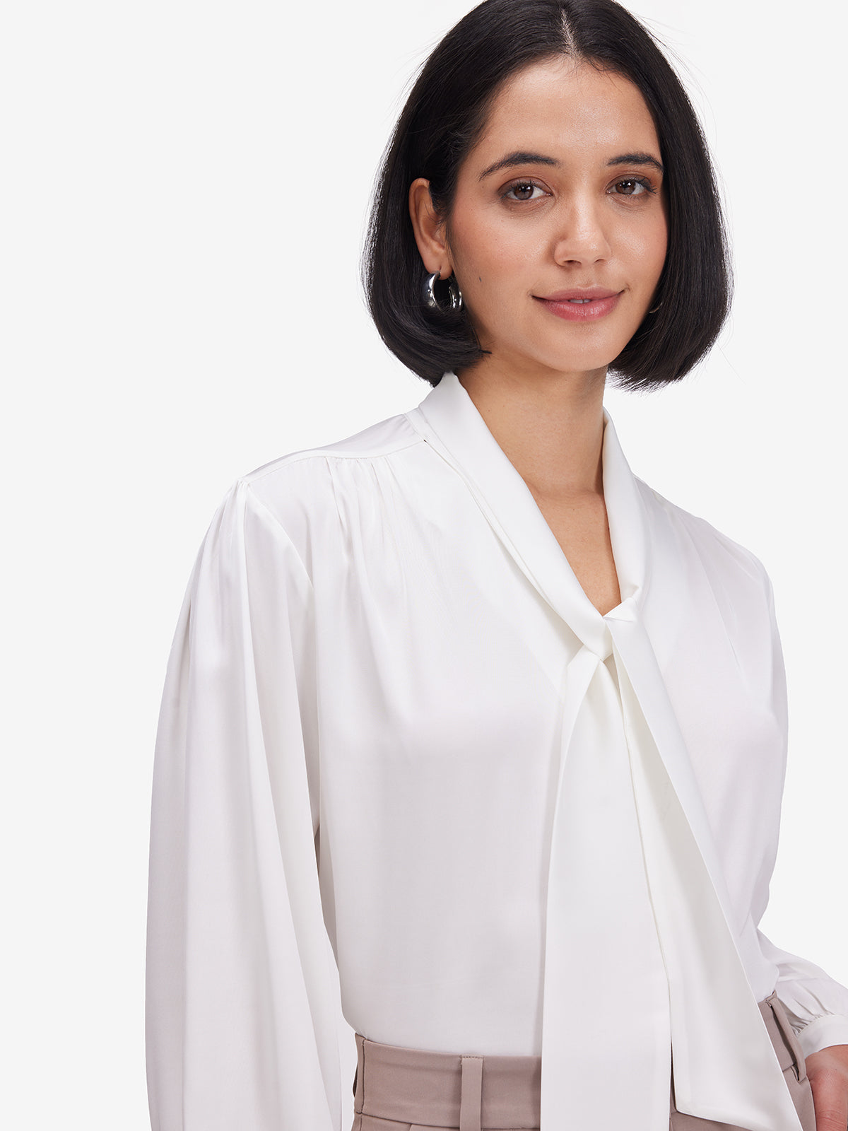 Women White Luxe Tie-Up Neck Satin Top