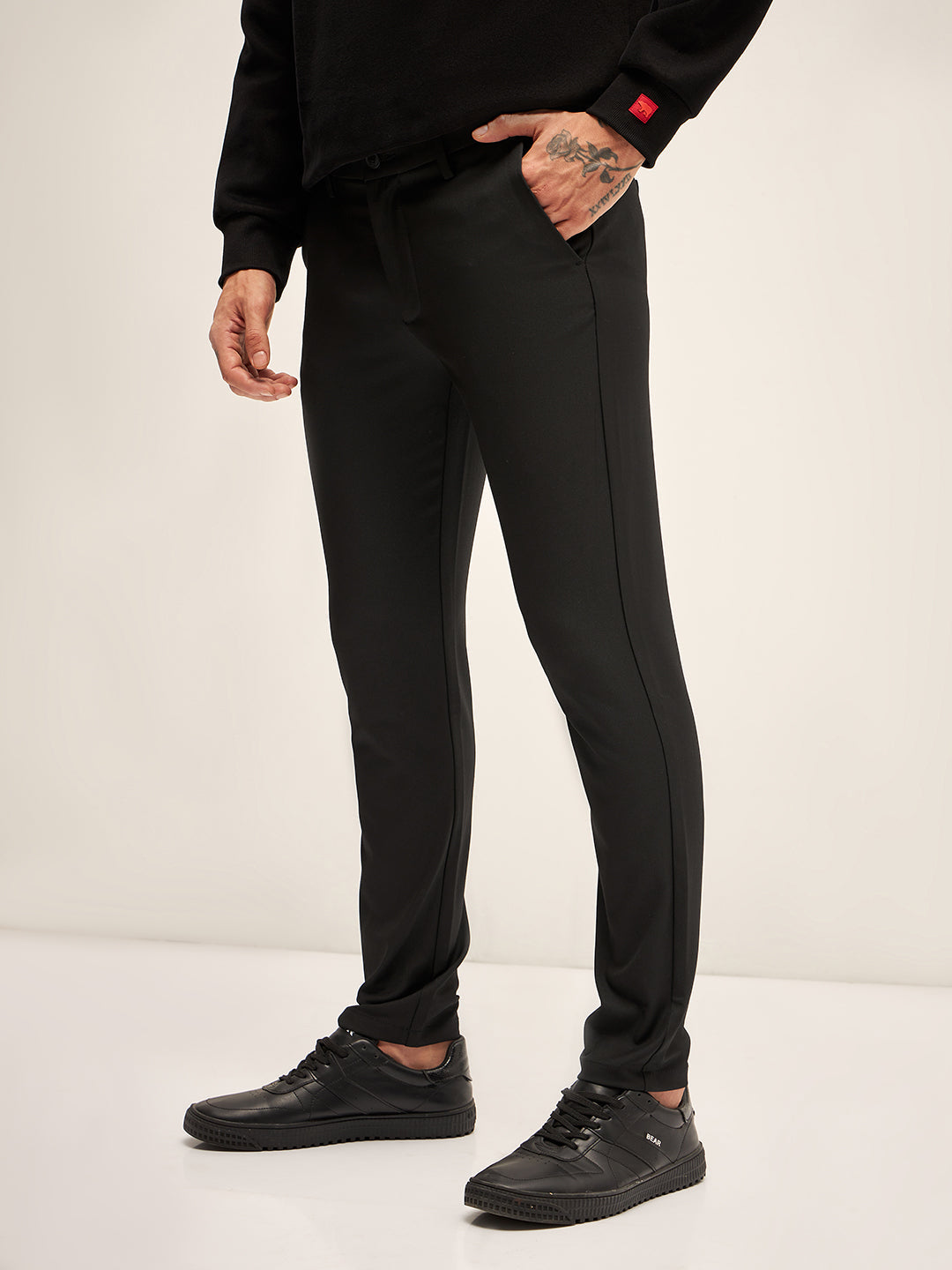 Men Black Solid 4 Way Stretch Formal Trouser