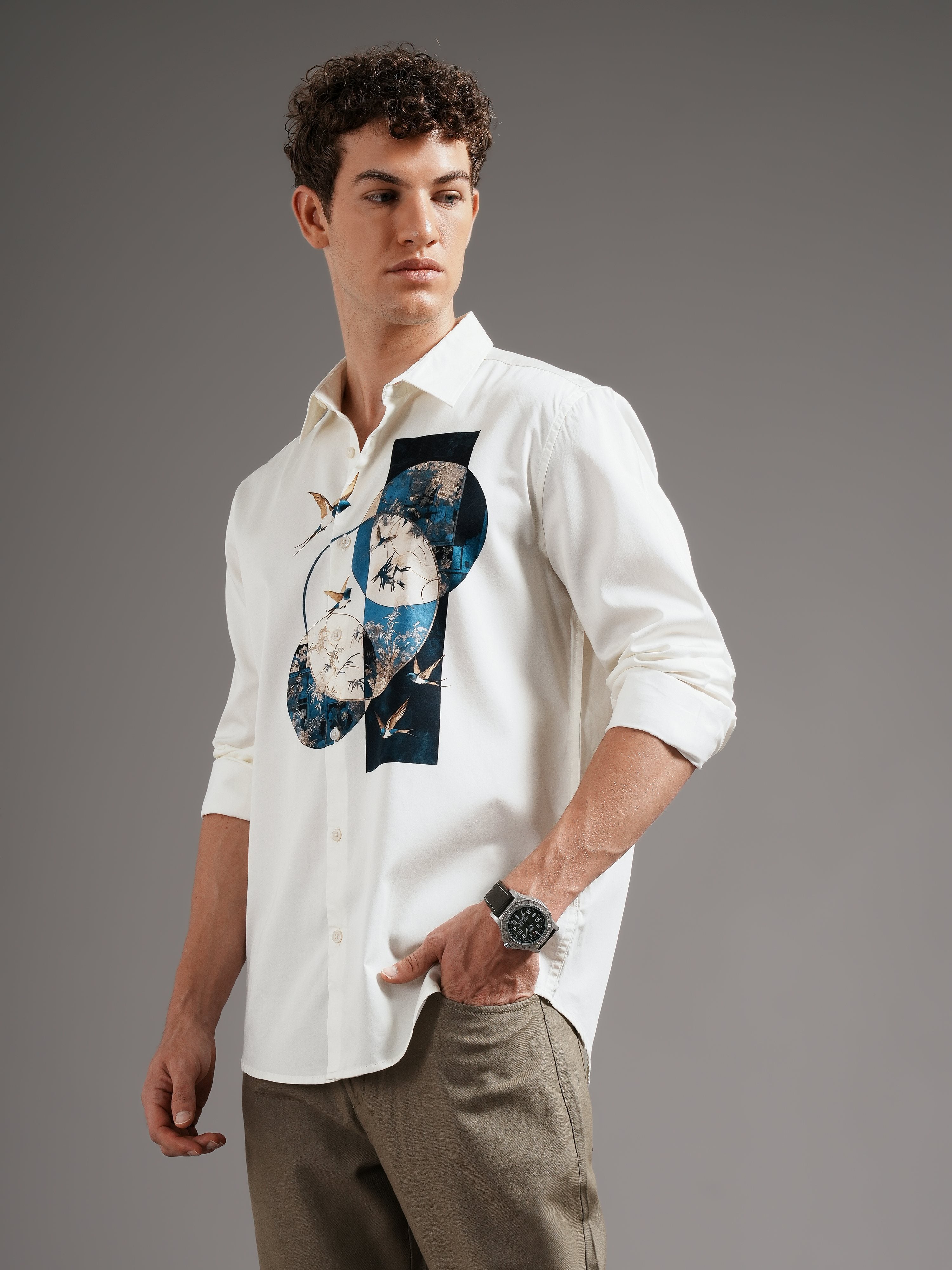 Men Cream Casual Printed Shirt