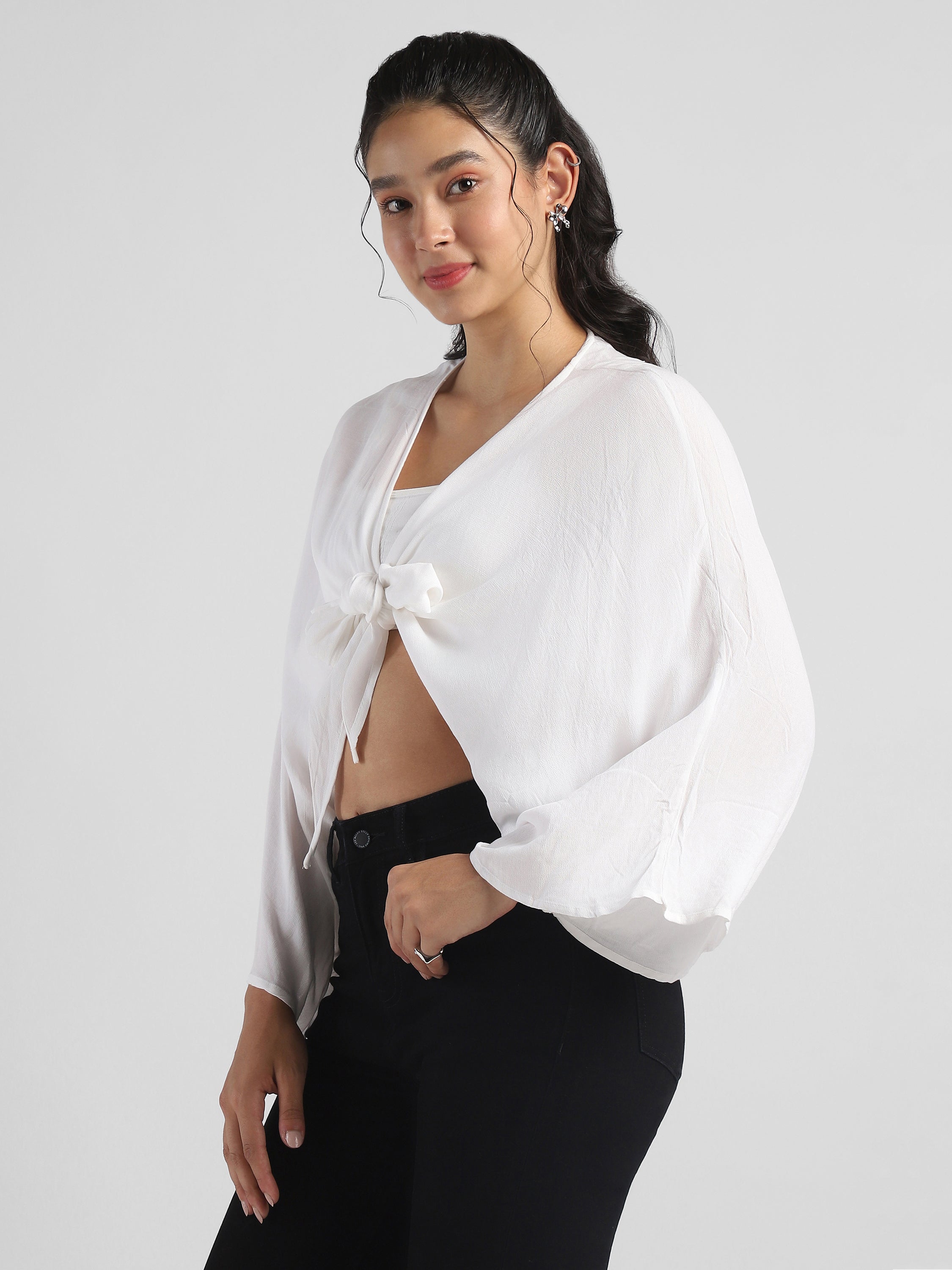 Women White Front Tie Crop Top