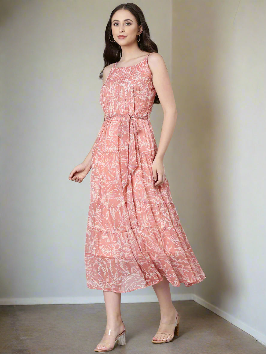 Women Peach Floral Fit & Flare Maxi