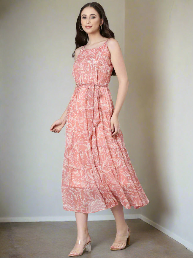 Women Peach Floral Fit & Flare Maxi