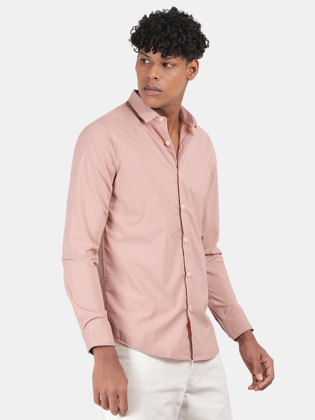 Men Beige Slim Fit Spread Collar Full Sleeve Casual Shirt
