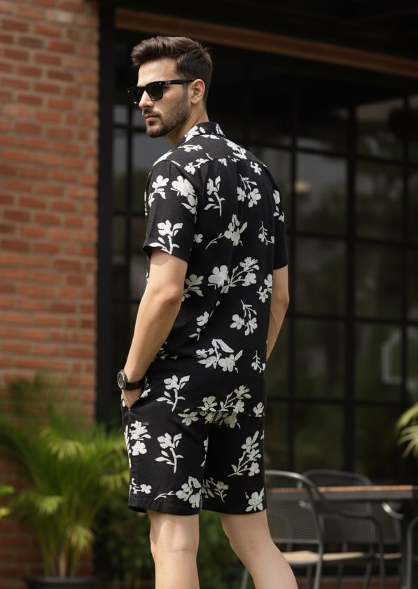 Men Black Floral Co-Ords
