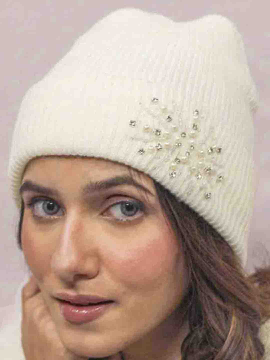 White Beanie with Pearls & Crystals