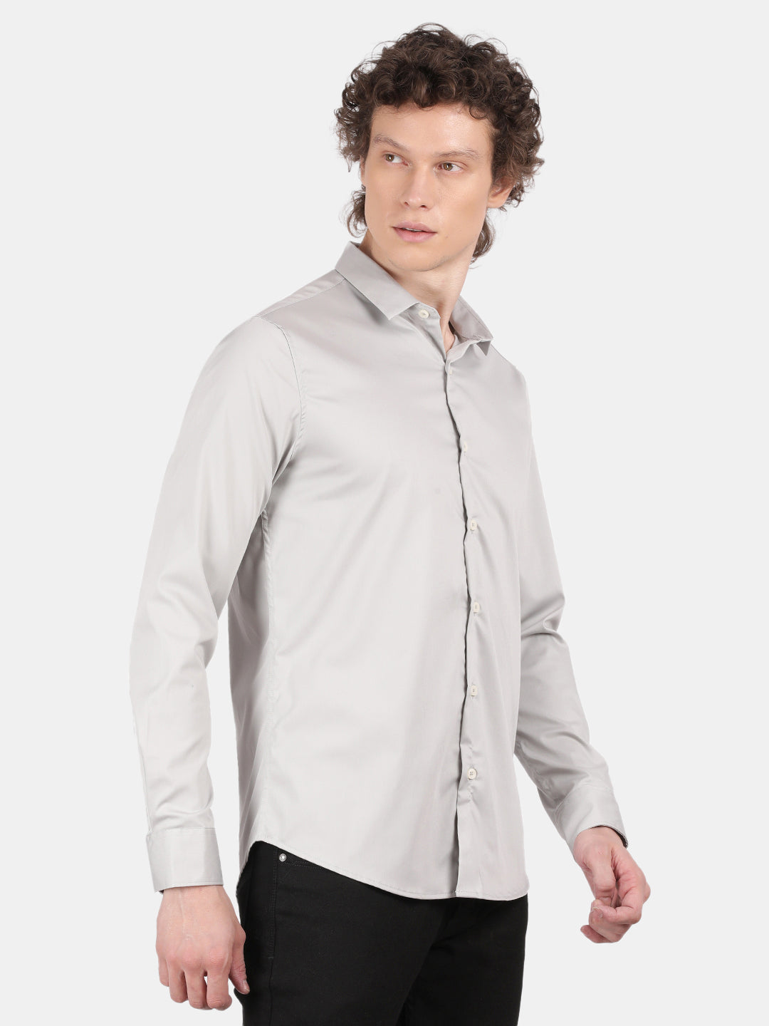 Men Silver Slim Fit Spread Collar Full Sleeve Casual Shirt