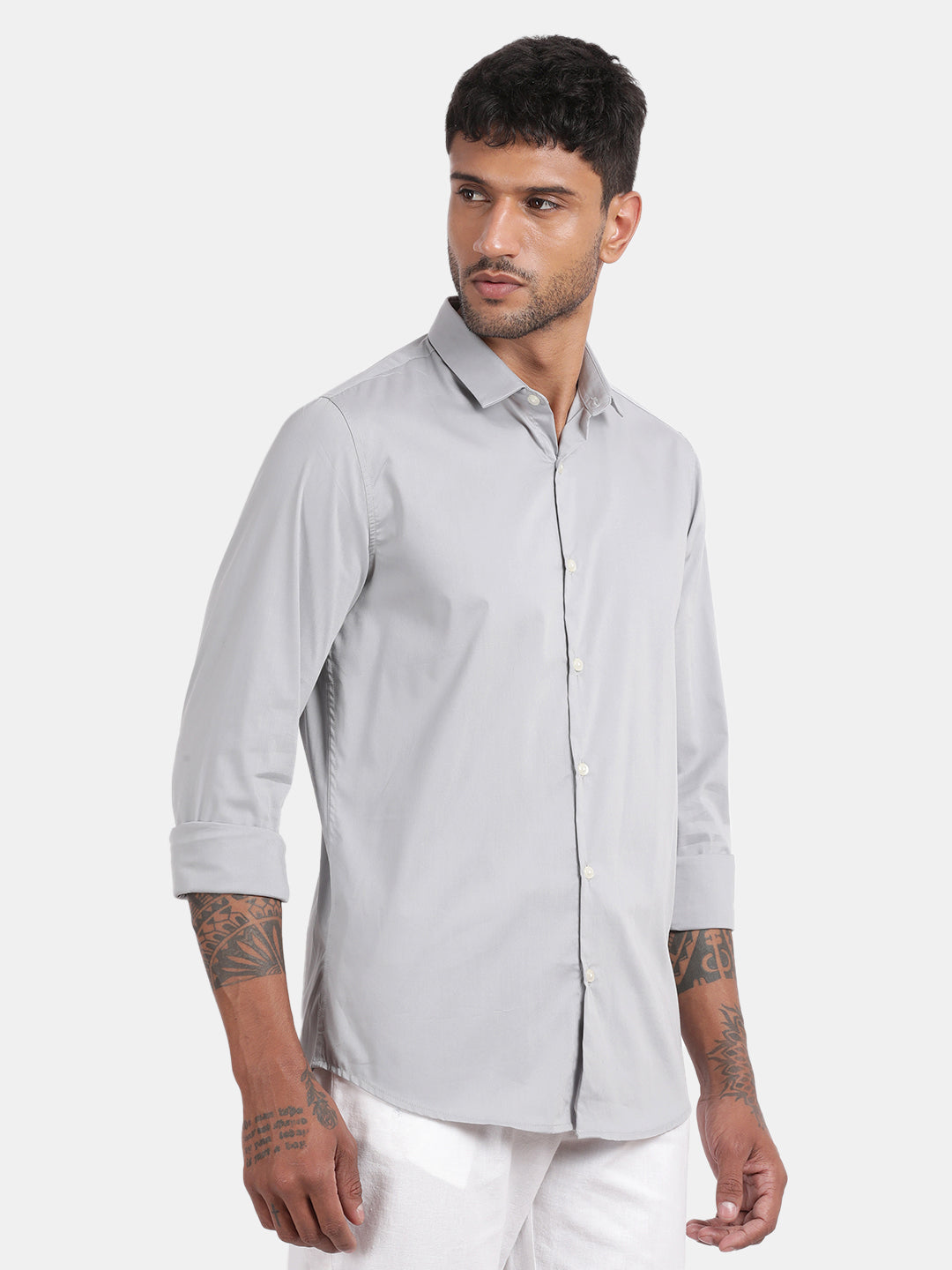 Men Silver Slim Fit Spread Collar Full Sleeve Casual Shirt
