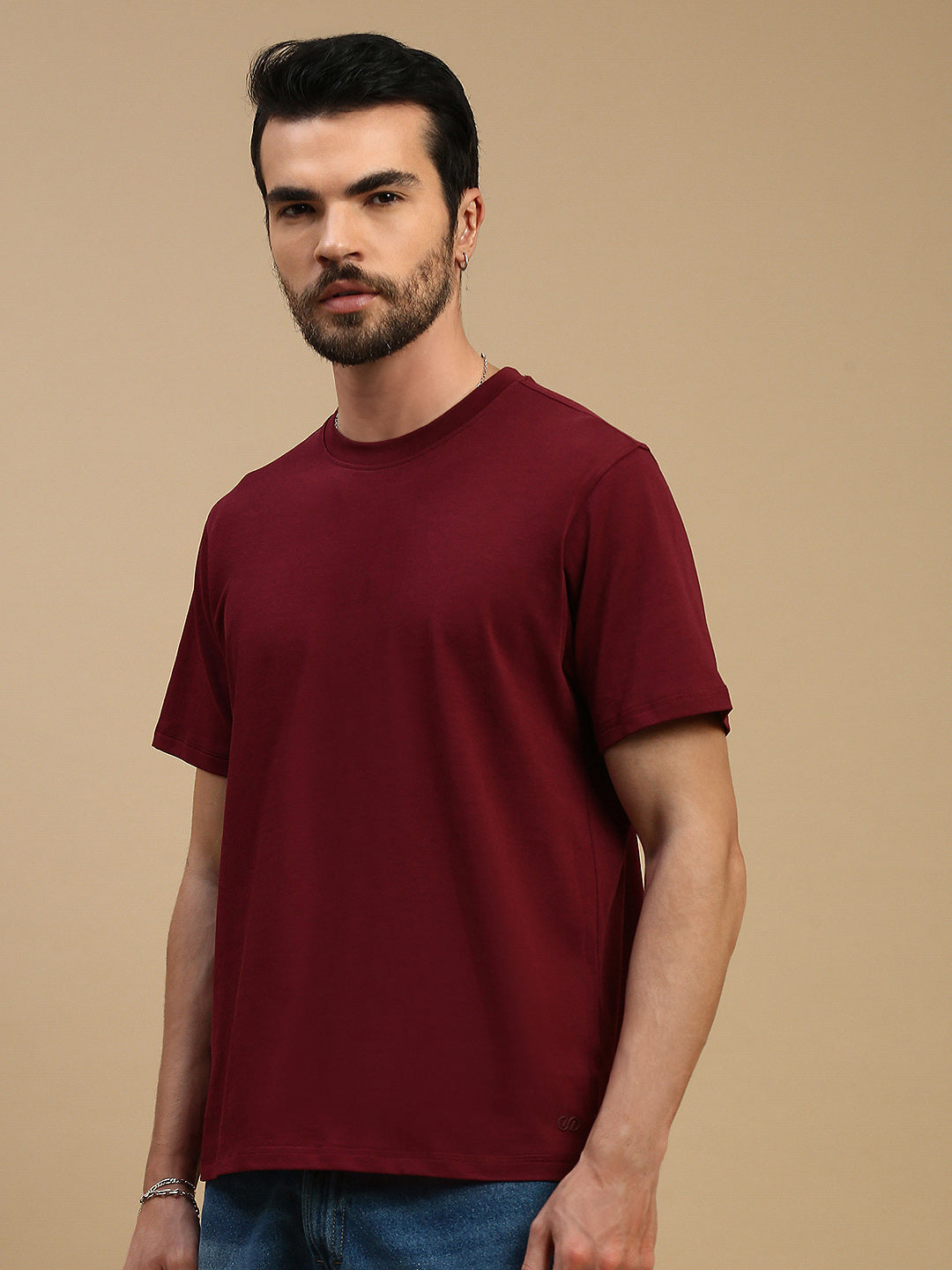 Men Burgundy V Neck T-Shirt