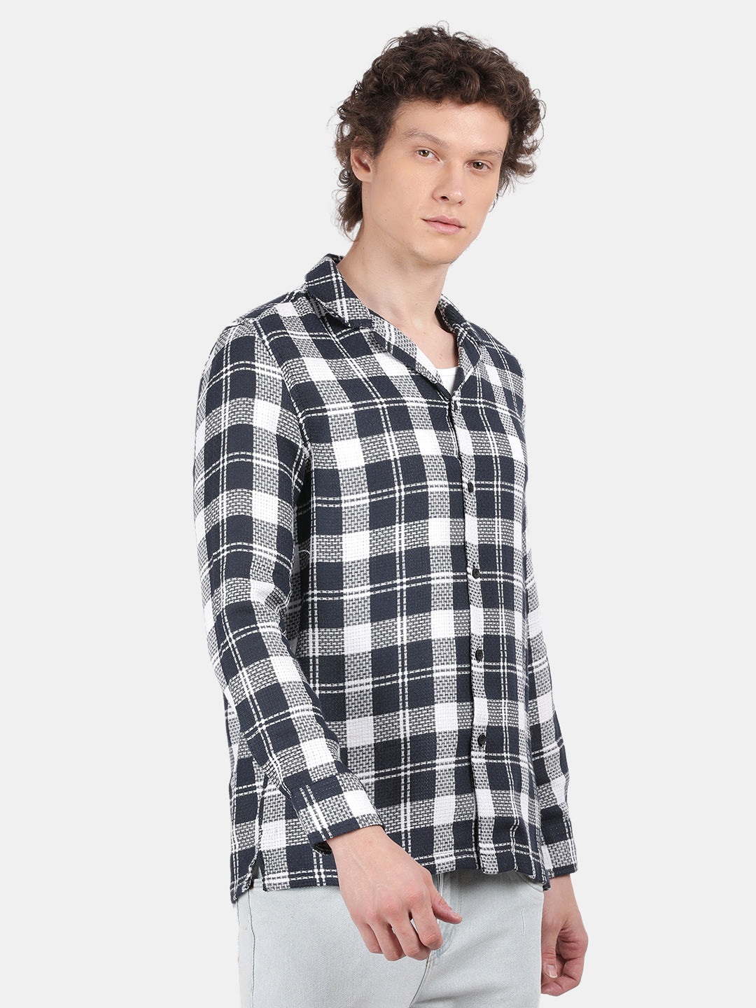 Men Navy Slim Fit Lapel Collar Full Sleeve Casual Shirt