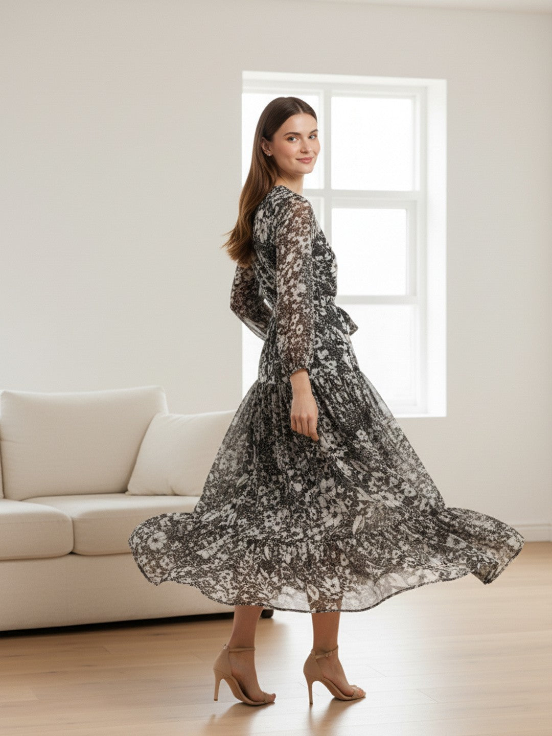 Women Floral Chiffon Flared Midi Dress