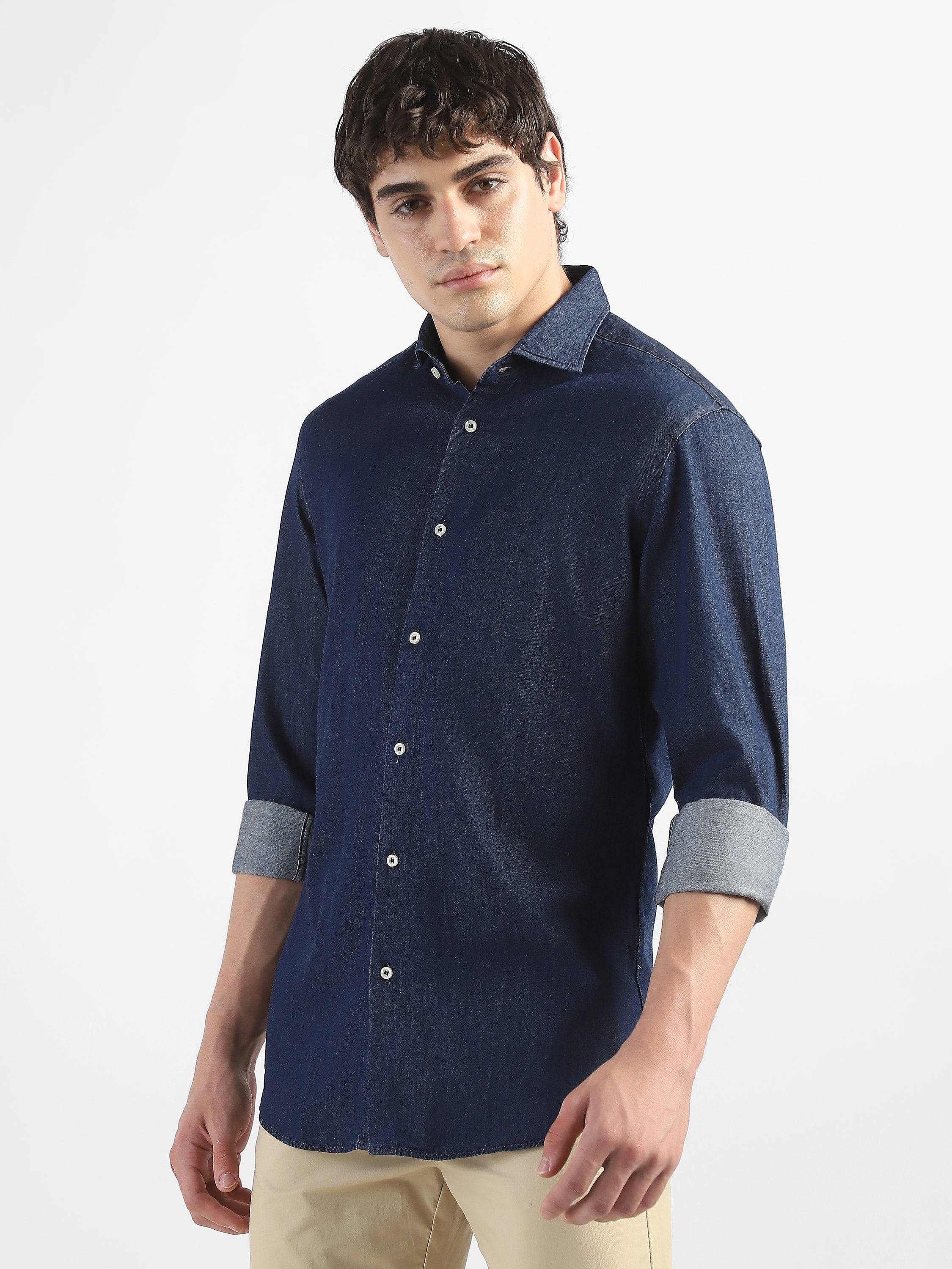 Men Denim Navy Blue Regular Fit Shirt
