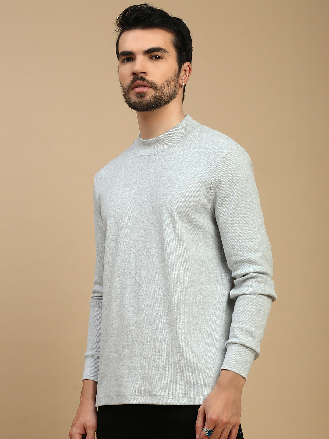 Men White High Neck T-Shirt