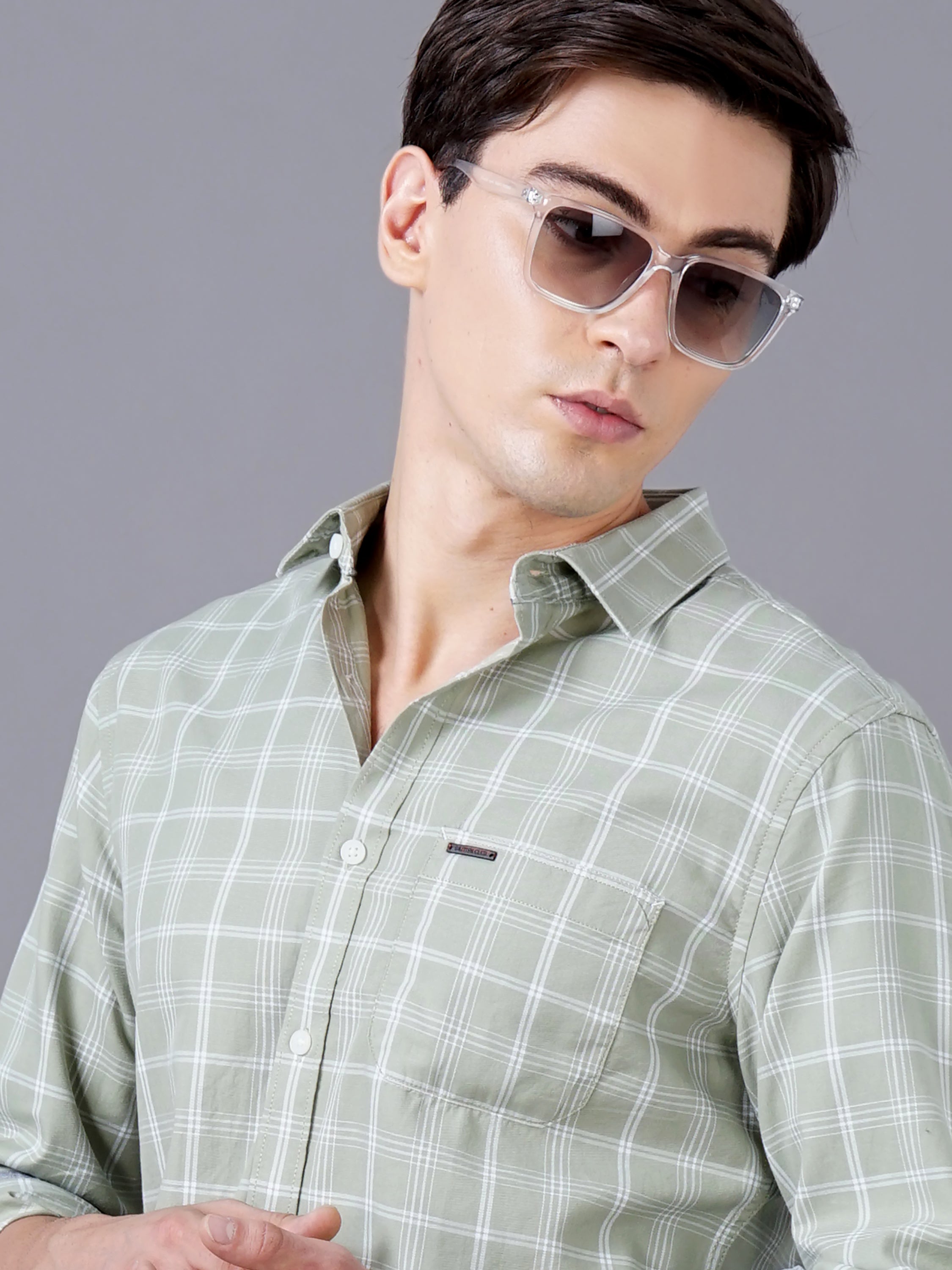 Men Green Cotton Slim Shirt