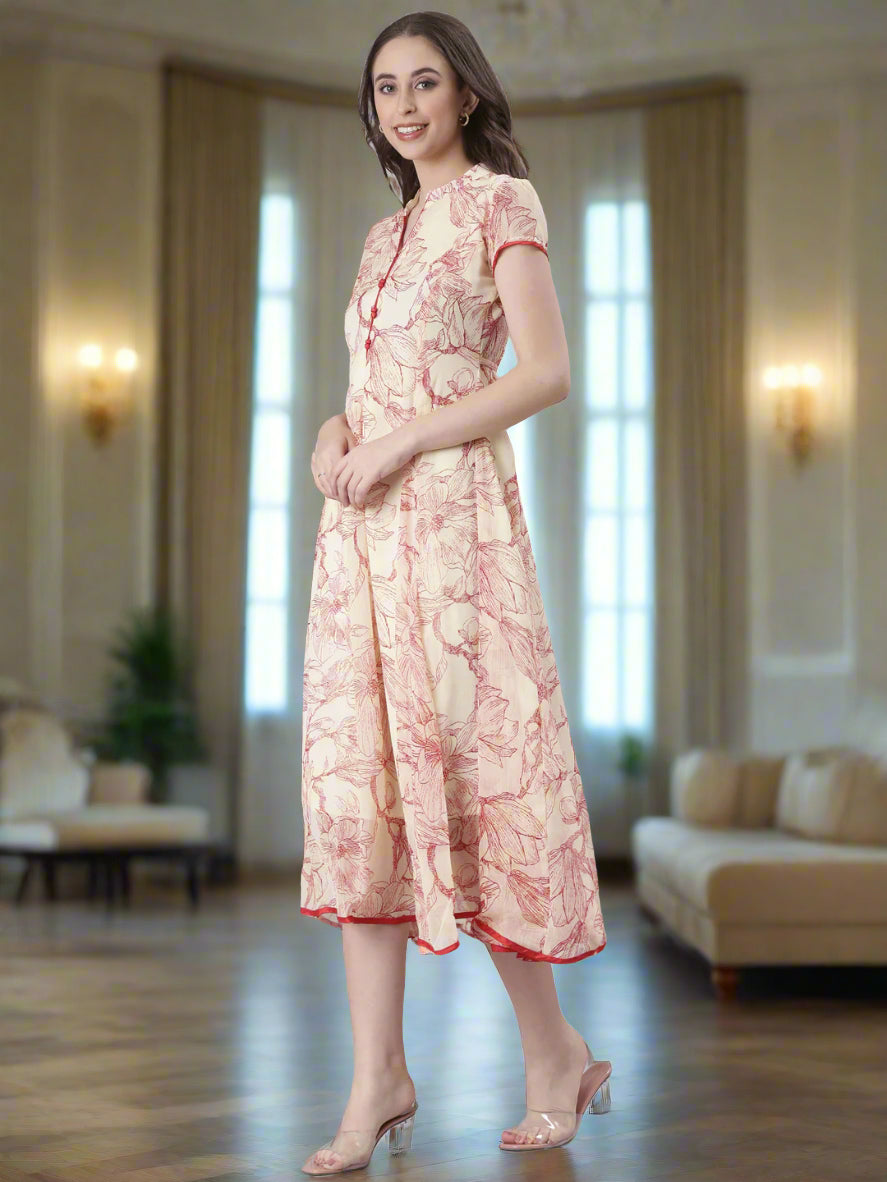 Women Cream Floral Tiered Midi Dress