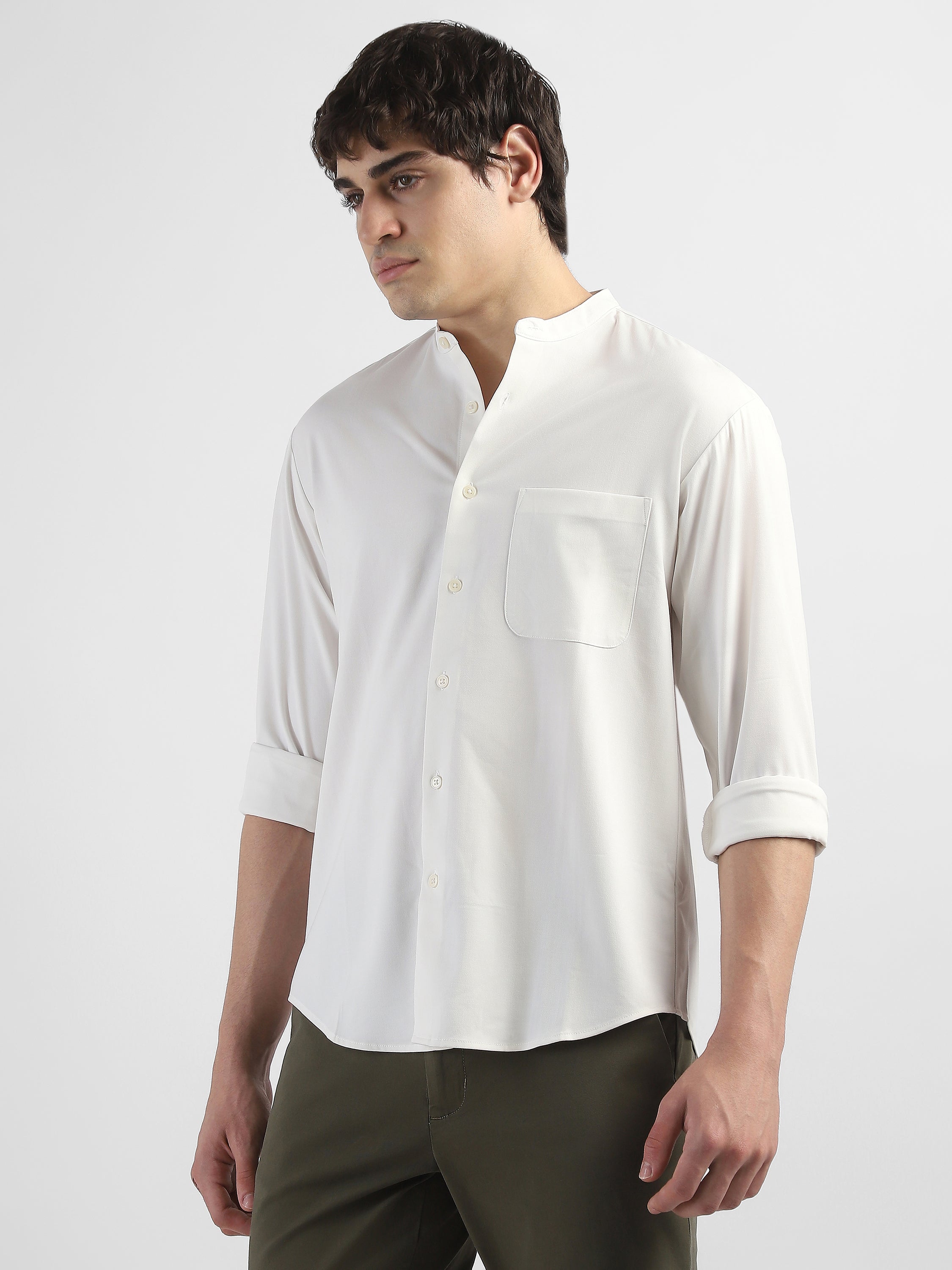 Men White Mandarin Collar Regular Fit Shirt
