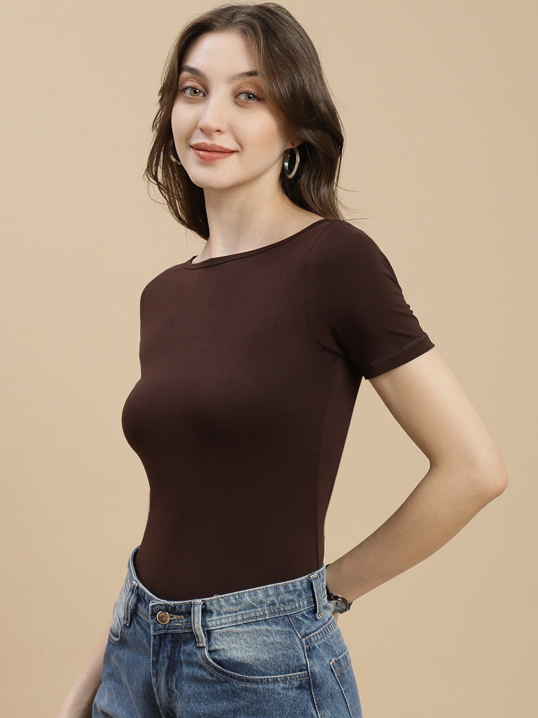 Women Brown Boat Neck Top
