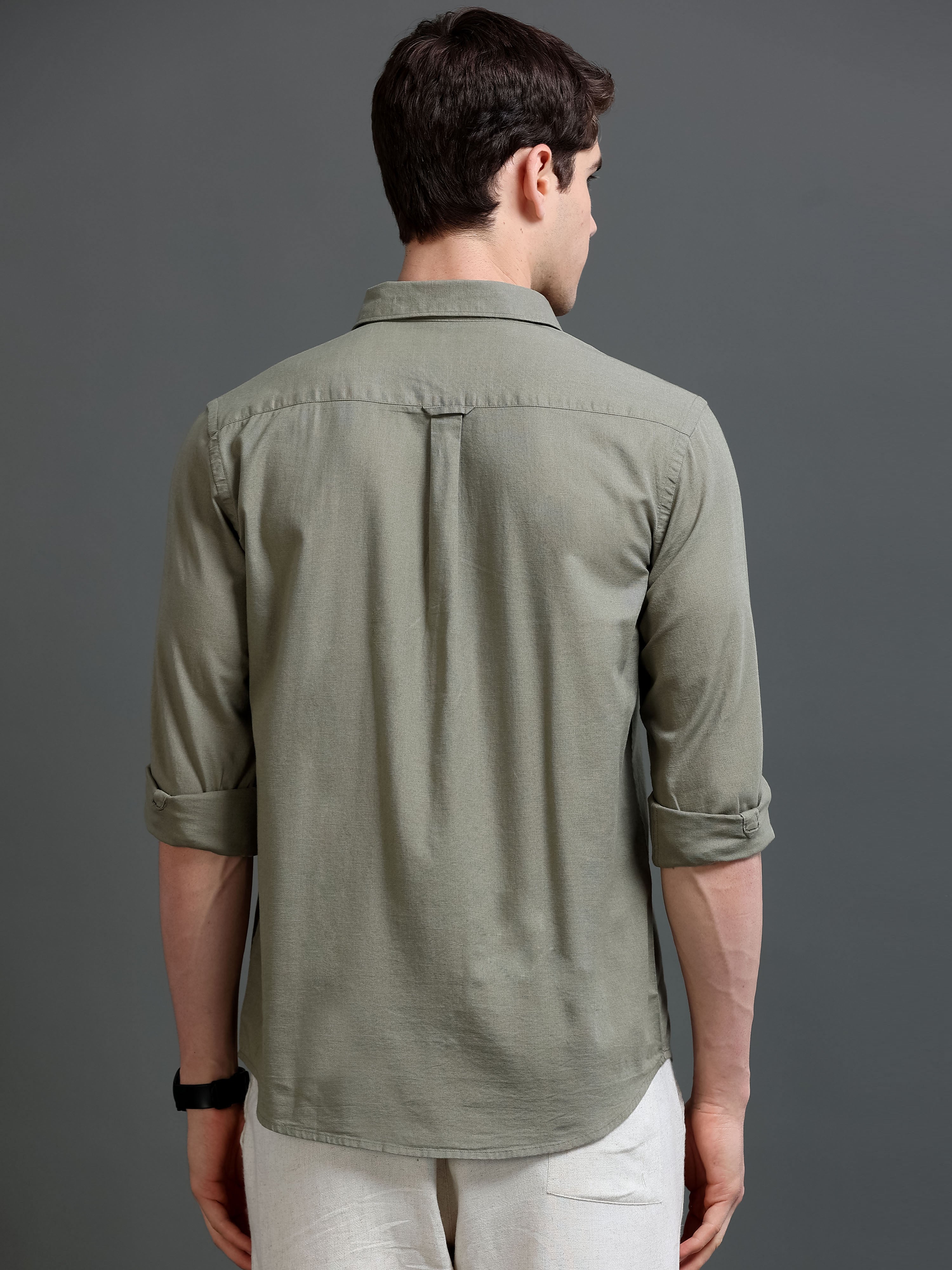 Men Olive Slub Solid Shirt