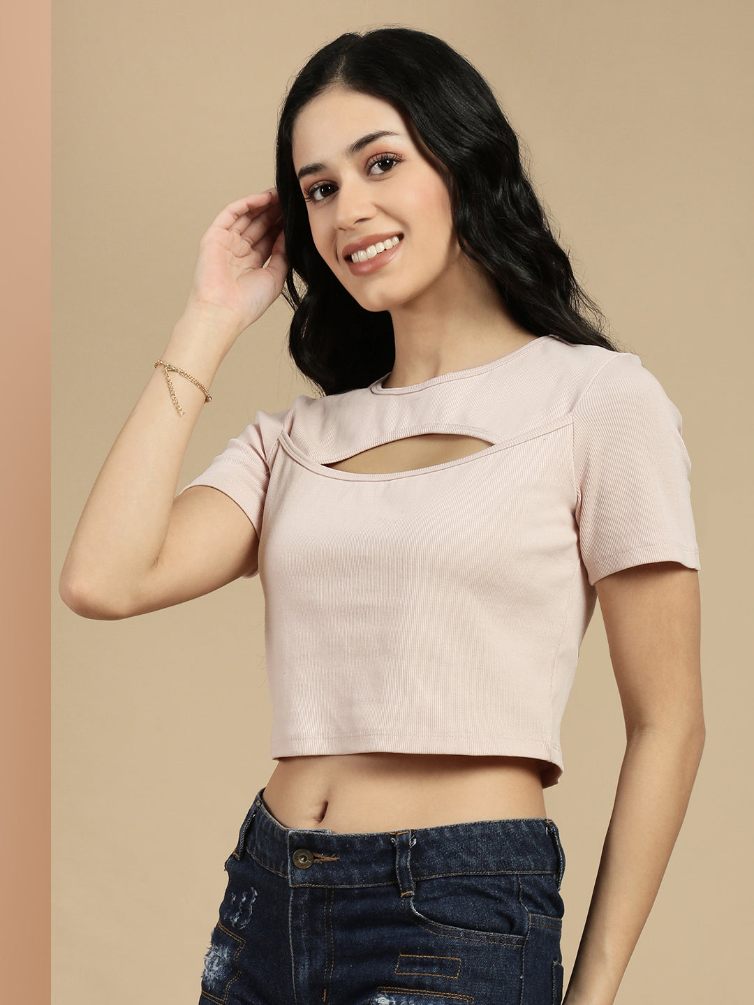 Women Pink Half Sleeve Crop Top