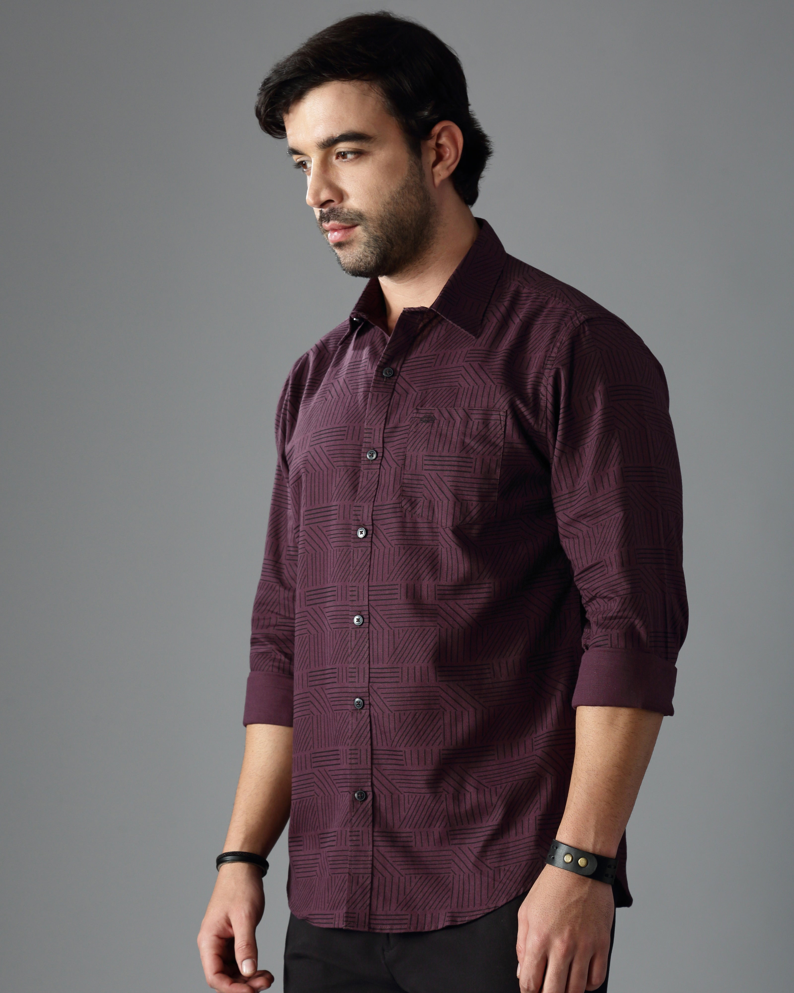 Men Burgundy Cotton Slim Shirt