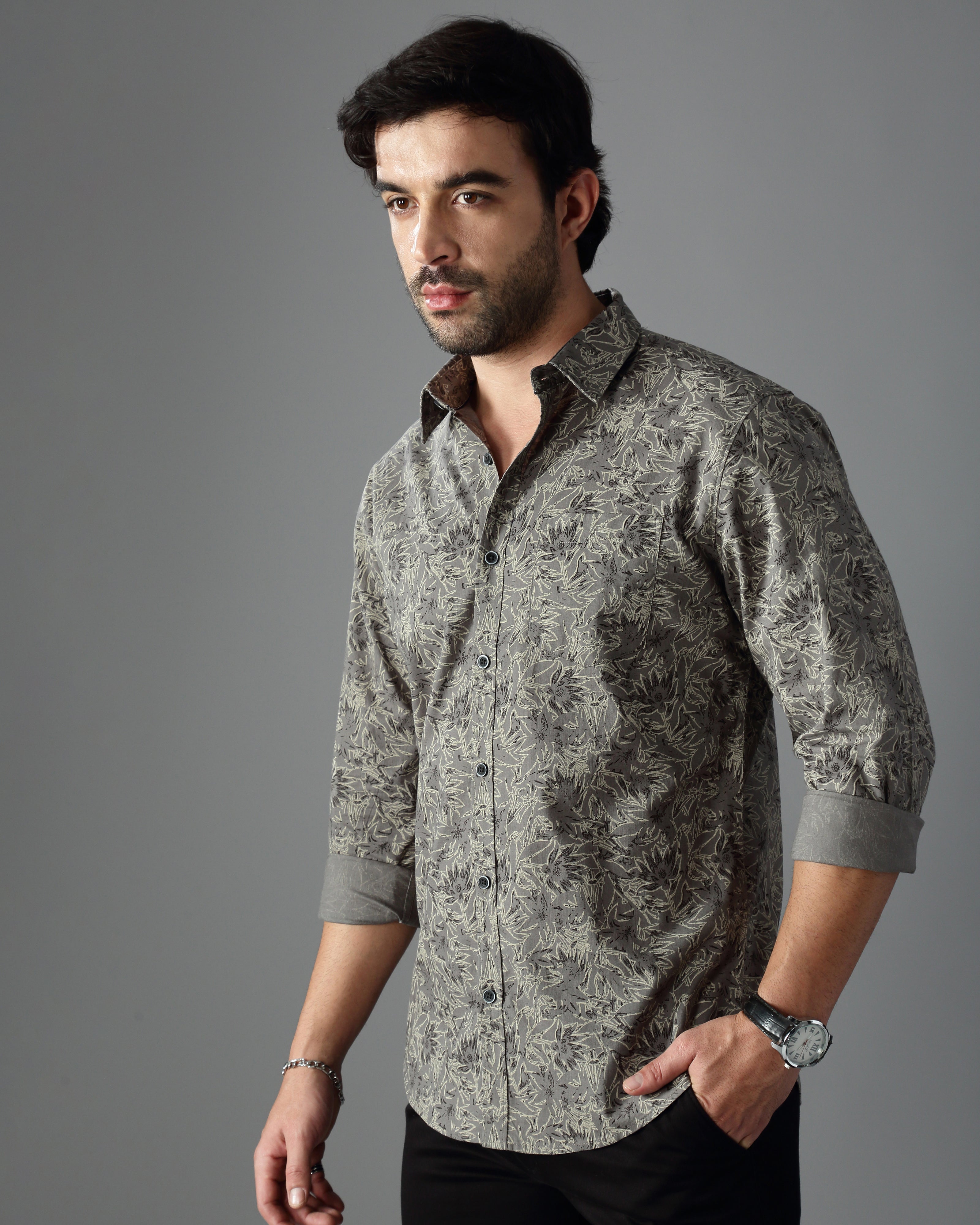 Men Grey Cotton Slim Shirt