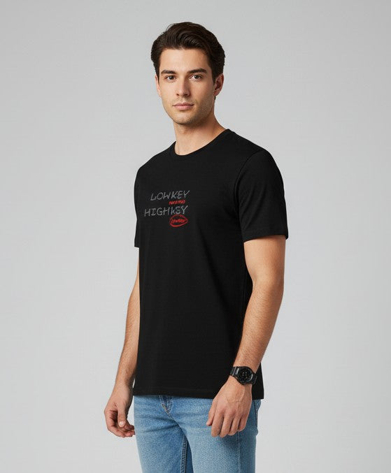 Men Printed Black Cotton Tshirt