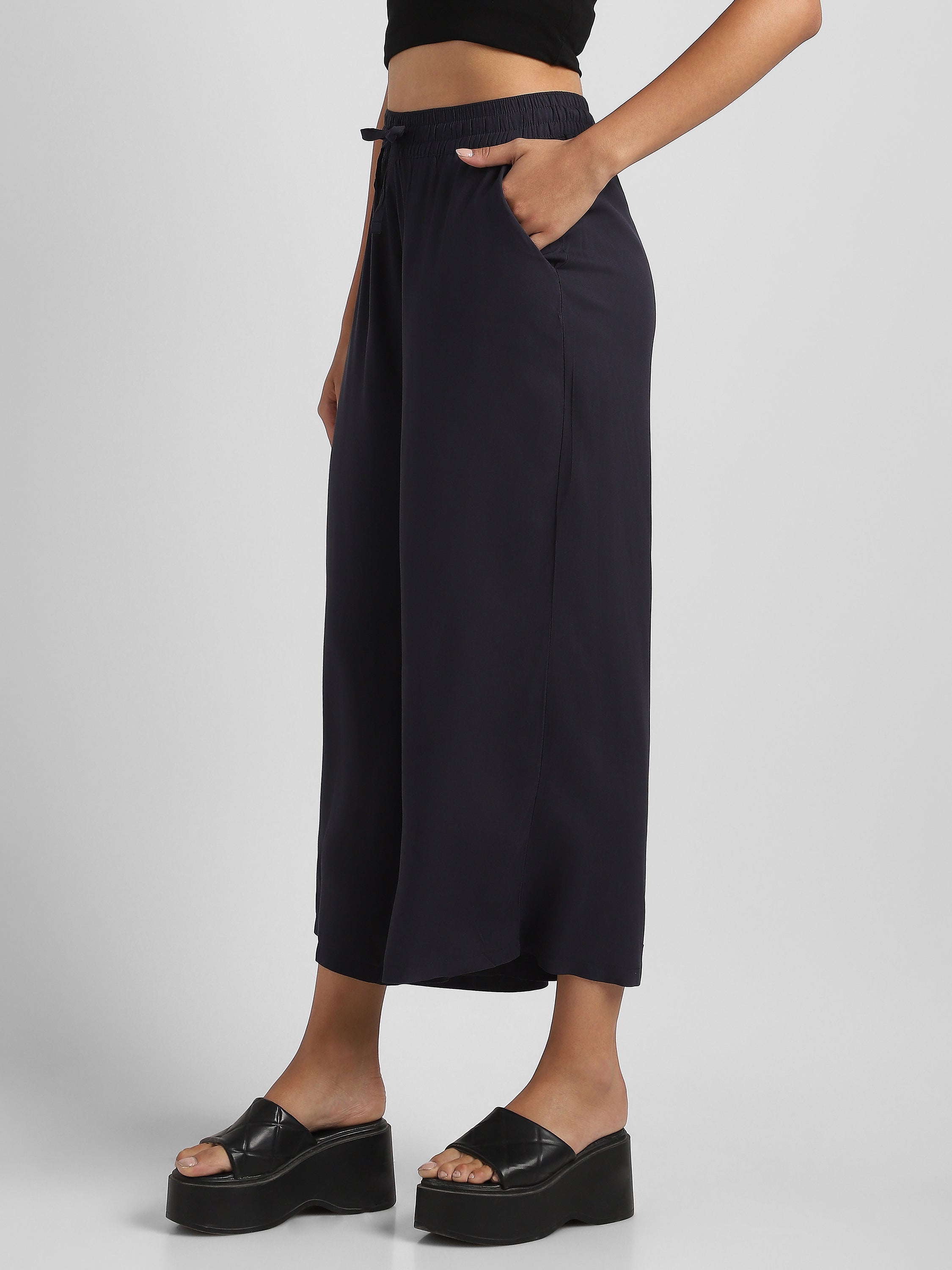 Women Navy  Flowy Wide-Leg Pants with Drawstring