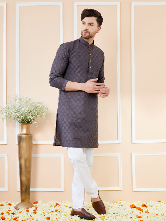 Men Black Ethnic Motifs Silk Jacquard Woven Design Straight Kurta