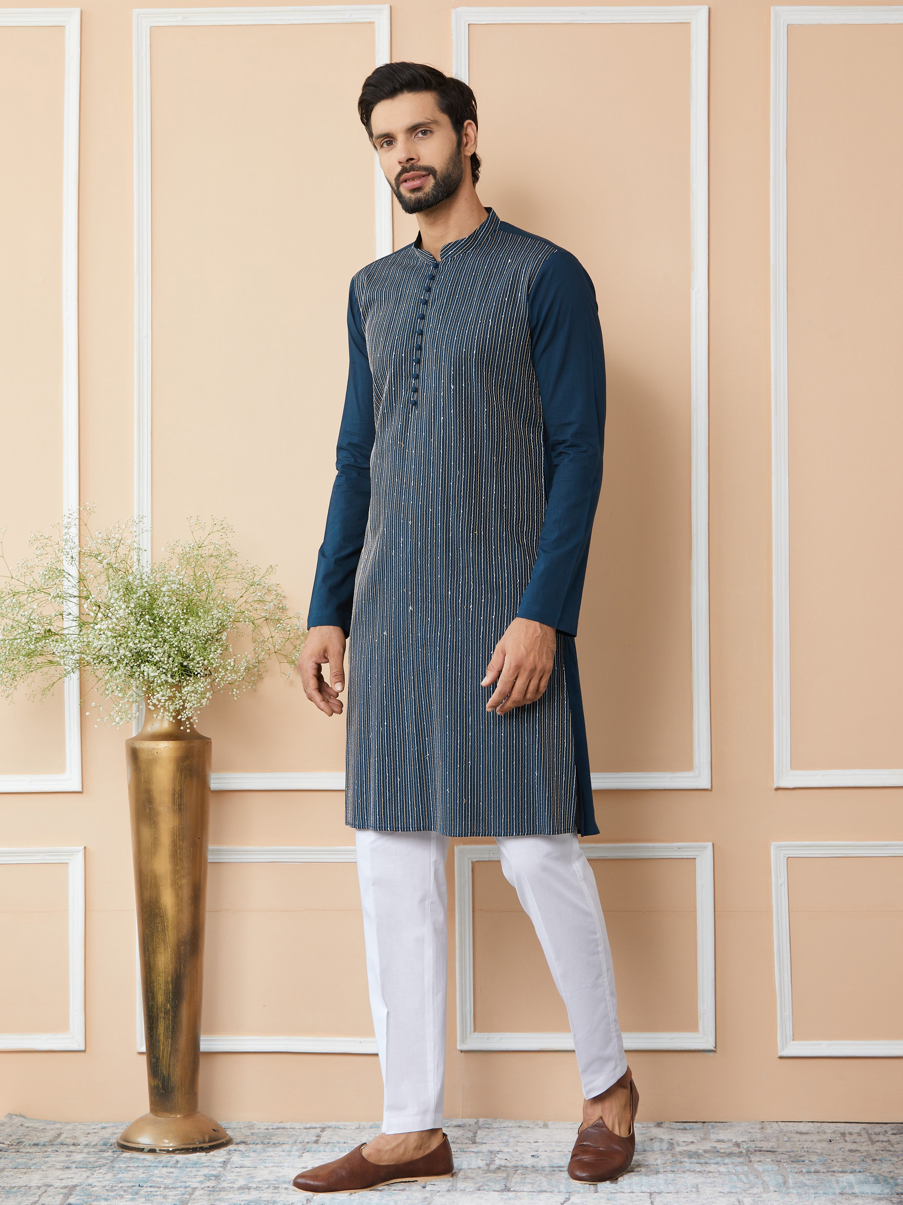 Men Dark Blue Thread & Sequin Worked Pure Cotton Straight Kurta