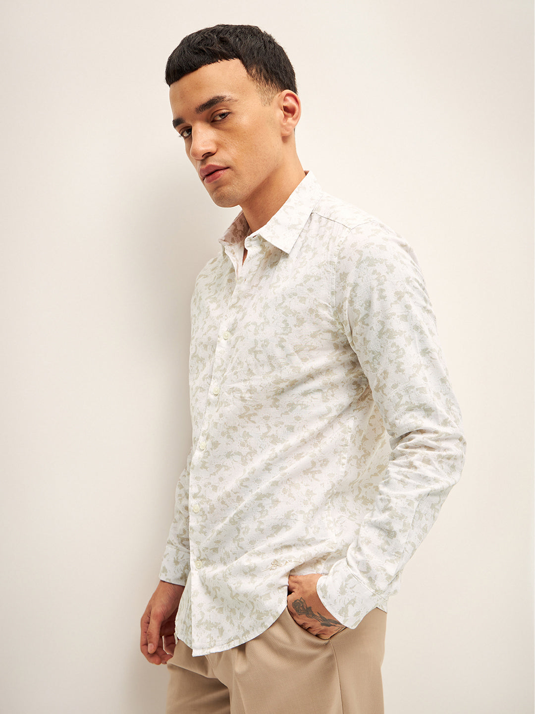 Men Beige Printed Slim Fit Casual Shirt