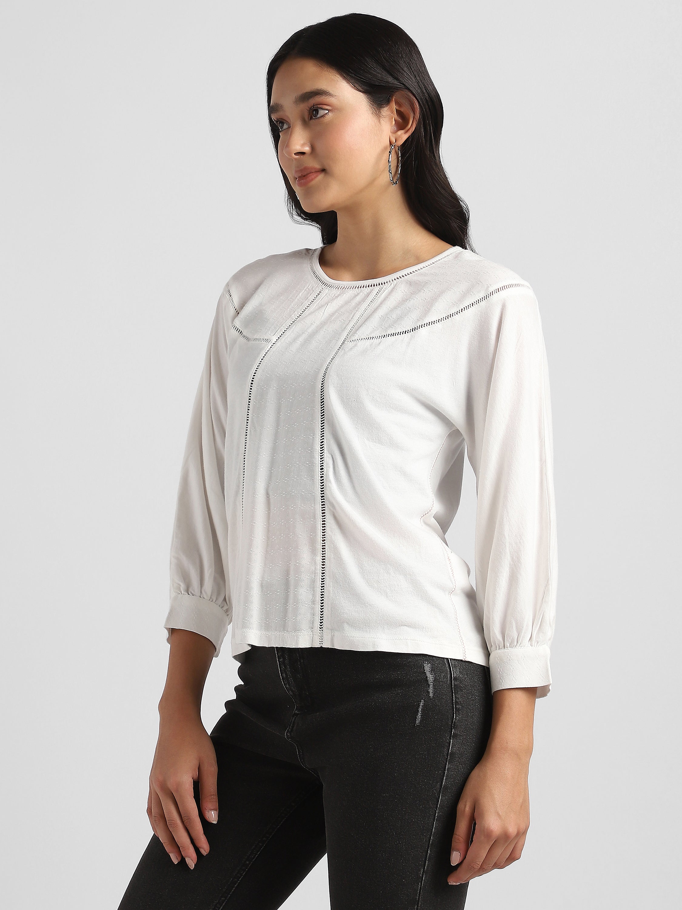 Women White Elegant Top with Balloon Sleeves and Lace Inserts