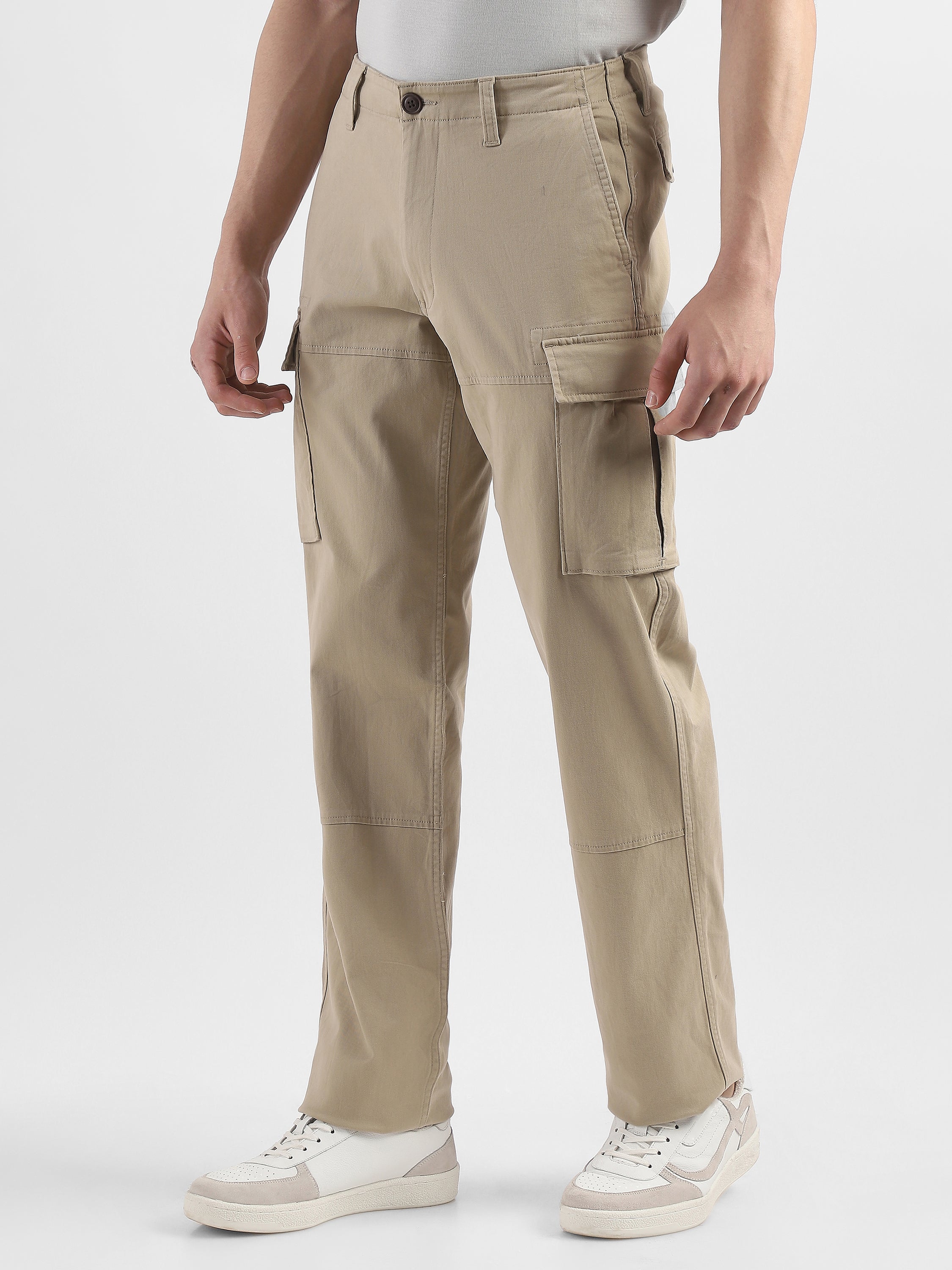 Men Beige Cotton Mid Rise Cargo Pants