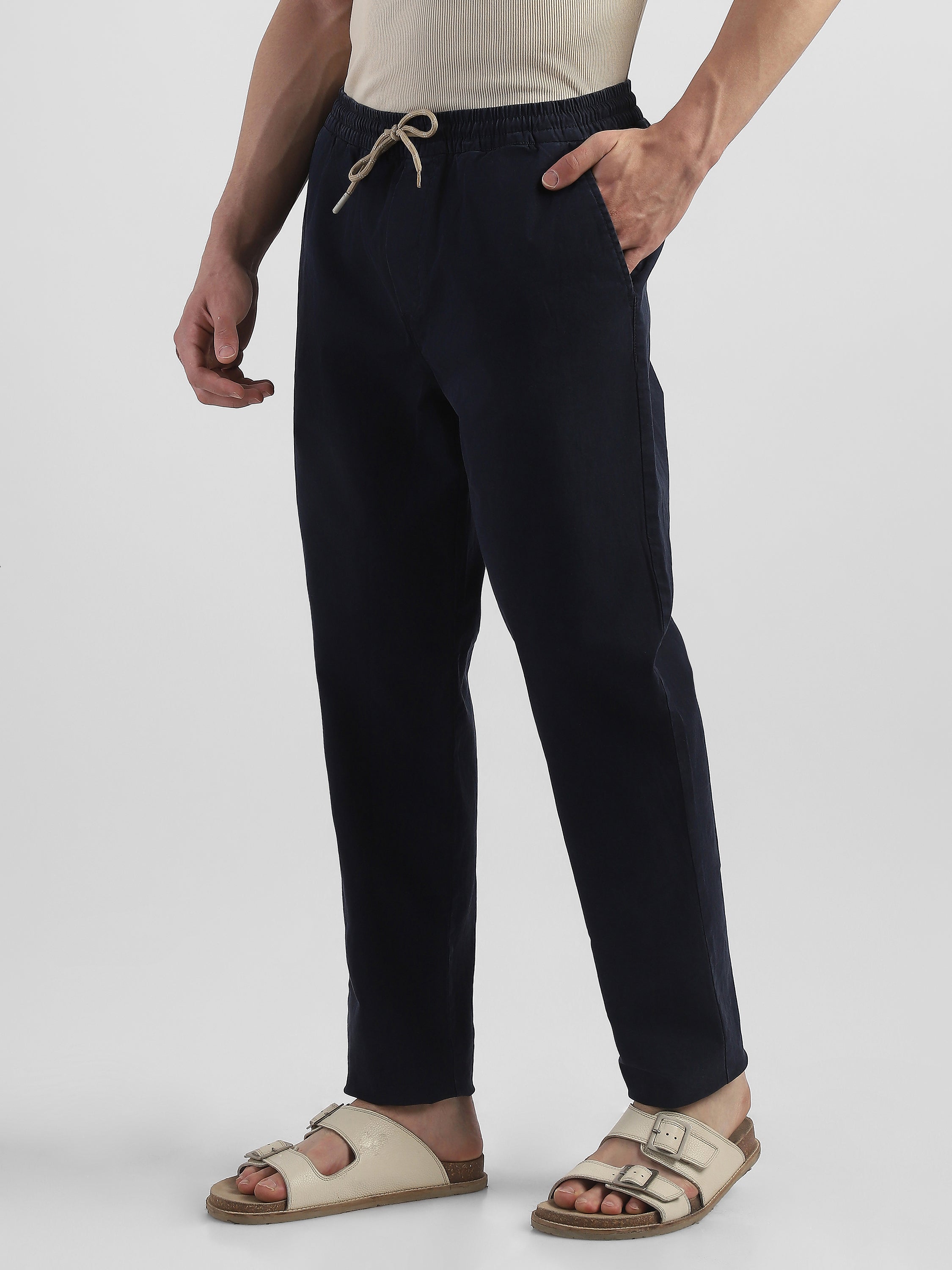 Men Navy Cotton Blend Pants