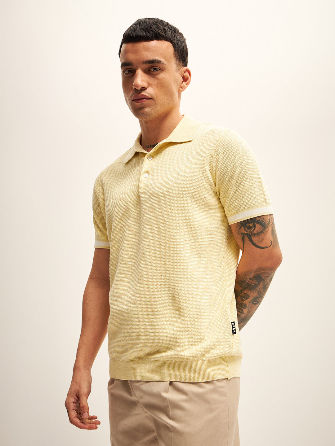 Men Yellow Self Design Regular Fit Polo T-Shirt