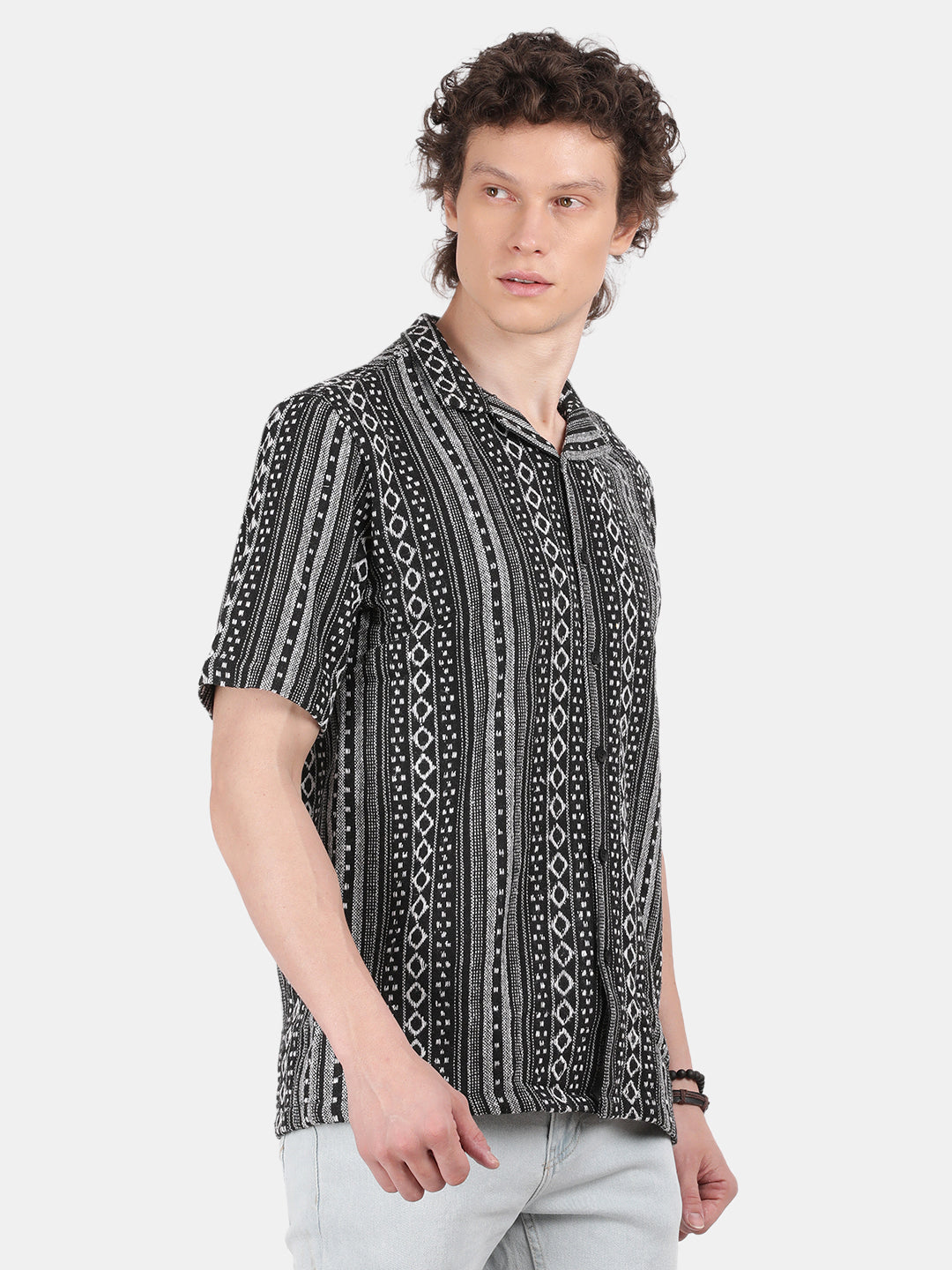 Men Black Slim Fit Spread Collar Half Sleeve Casual Shirt