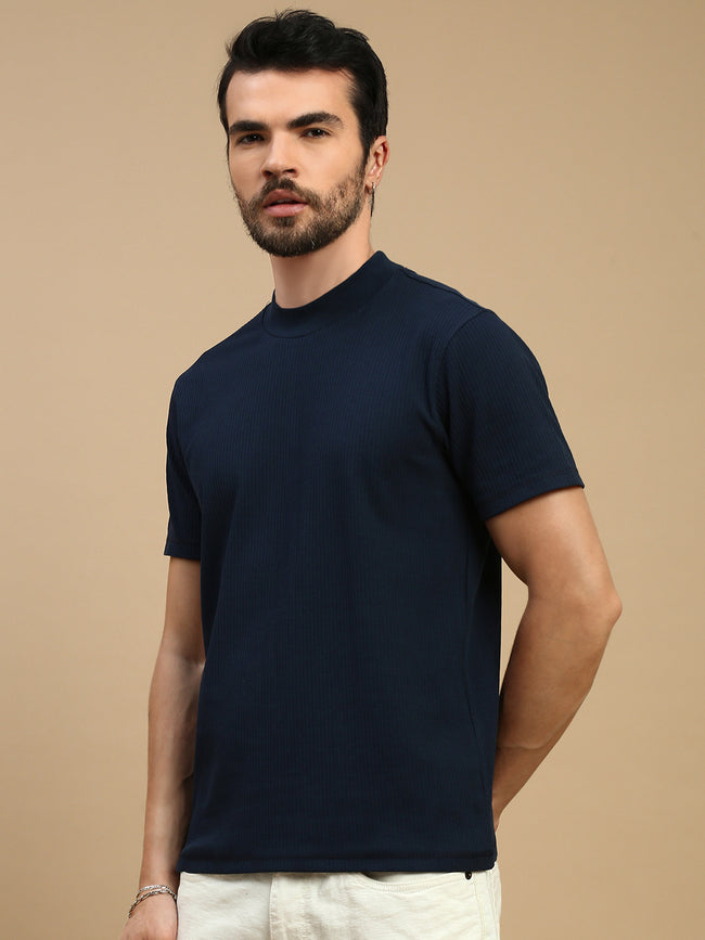 Men Navy High Neck Tee