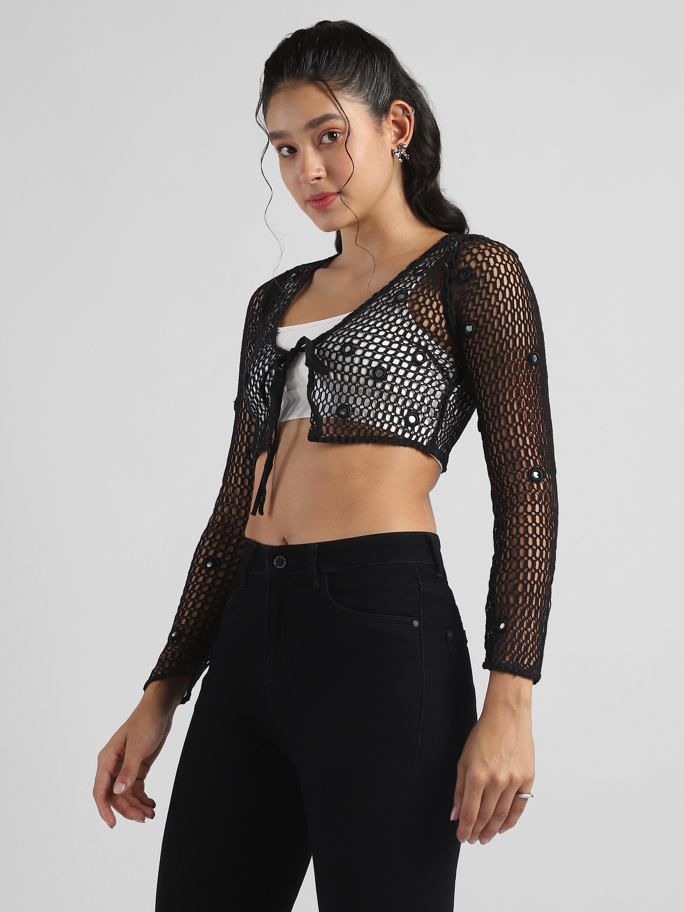 Women Black Crochet Embelished top