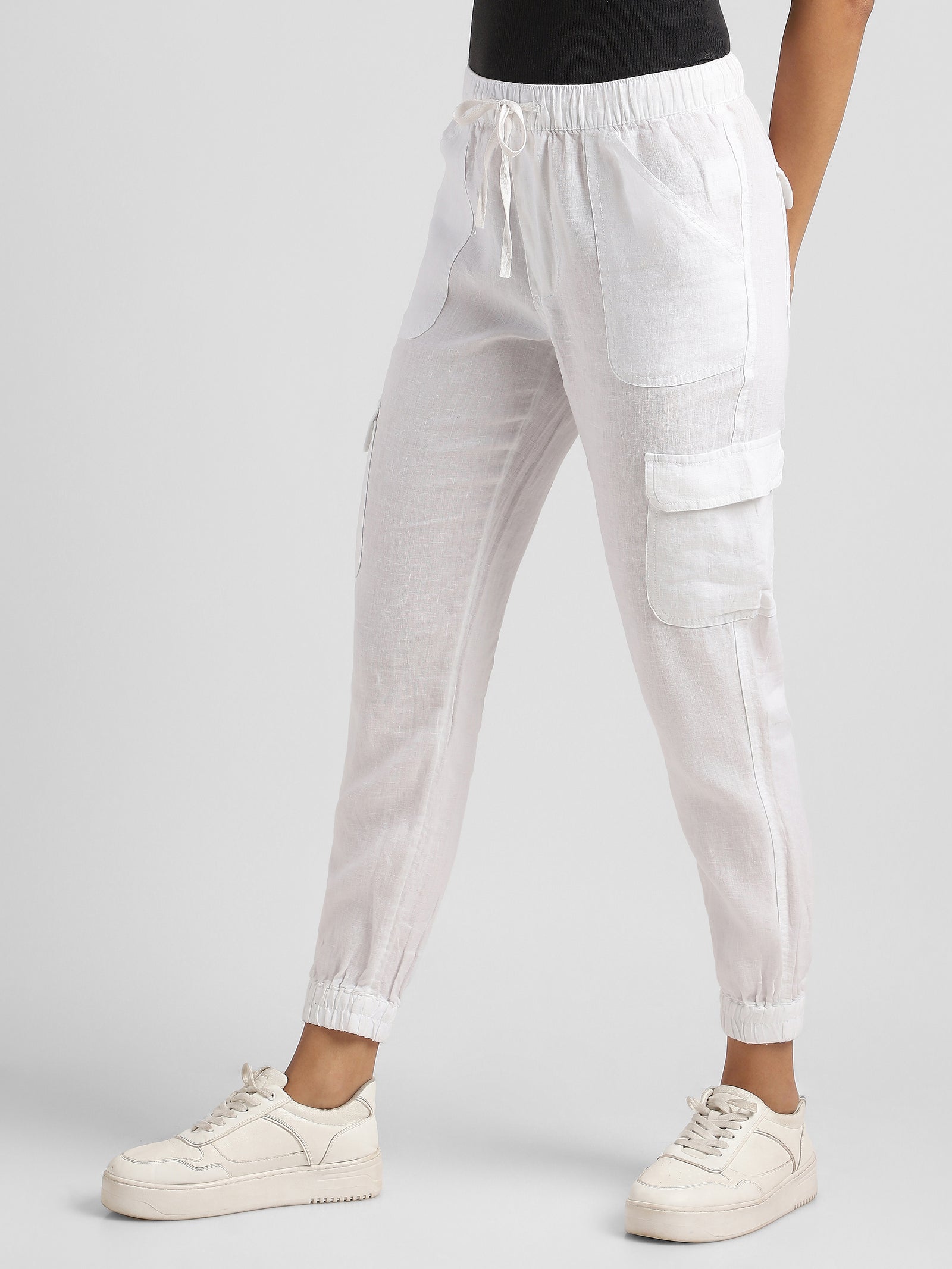 Women White Linen Blend Cargo Jogger Pants
